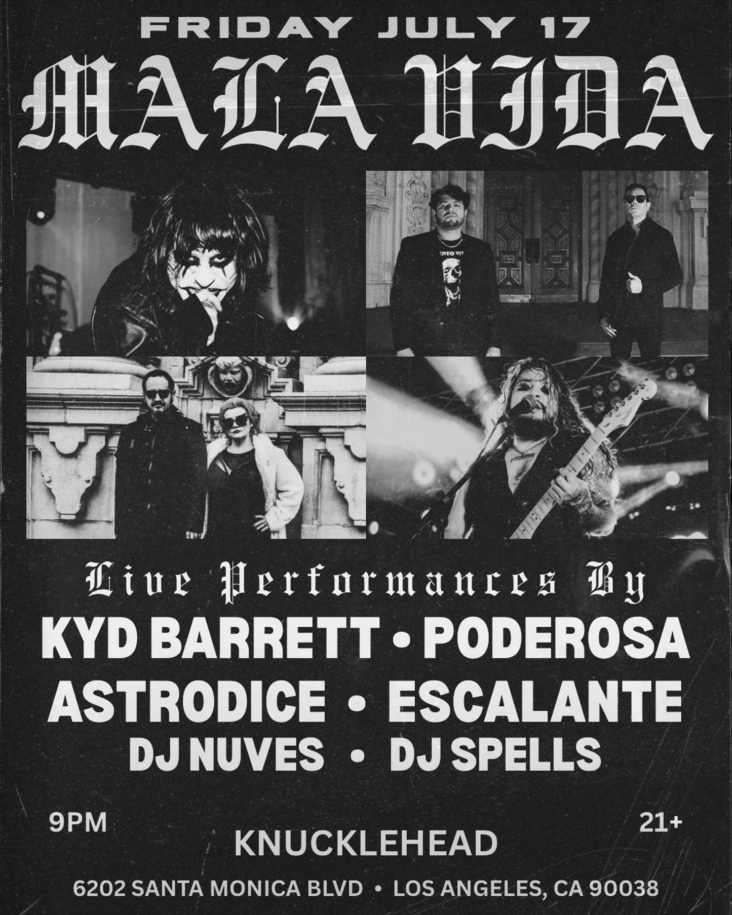 Promotional poster for a live performance featuring KYD Barrett, Poderosa, Astrodice, Escalante, DJ Nuves, and DJ Spells at Knucklehead in Los Angeles.